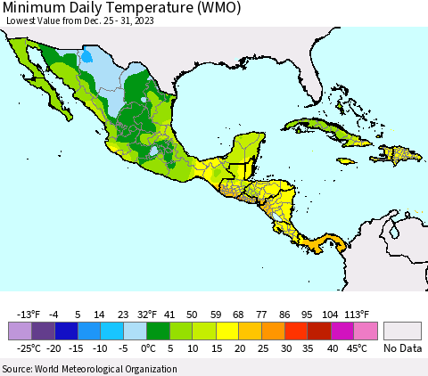 Mexico Central America and the Caribbean Minimum Daily Temperature (WMO) Thematic Map For 12/25/2023 - 12/31/2023