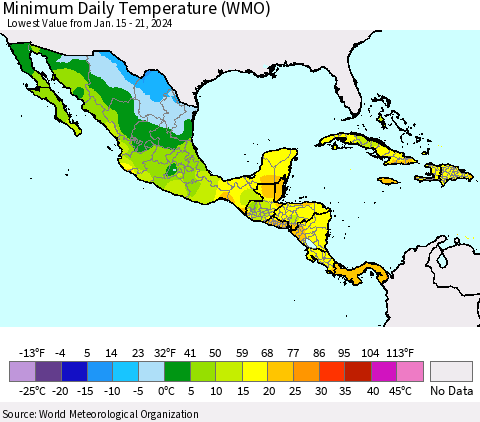 Mexico Central America and the Caribbean Minimum Daily Temperature (WMO) Thematic Map For 1/15/2024 - 1/21/2024