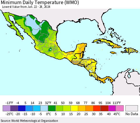Mexico Central America and the Caribbean Minimum Daily Temperature (WMO) Thematic Map For 1/22/2024 - 1/28/2024