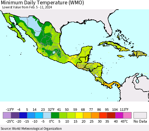 Mexico Central America and the Caribbean Minimum Daily Temperature (WMO) Thematic Map For 2/5/2024 - 2/11/2024