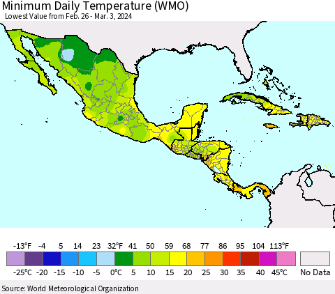 Mexico Central America and the Caribbean Minimum Daily Temperature (WMO) Thematic Map For 2/26/2024 - 3/3/2024