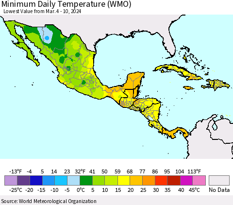 Mexico Central America and the Caribbean Minimum Daily Temperature (WMO) Thematic Map For 3/4/2024 - 3/10/2024