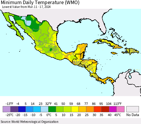 Mexico Central America and the Caribbean Minimum Daily Temperature (WMO) Thematic Map For 3/11/2024 - 3/17/2024