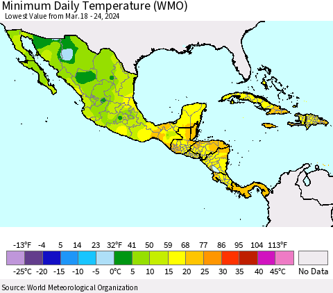 Mexico Central America and the Caribbean Minimum Daily Temperature (WMO) Thematic Map For 3/18/2024 - 3/24/2024