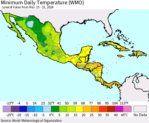Mexico Central America and the Caribbean Minimum Daily Temperature (WMO) Thematic Map For 3/25/2024 - 3/31/2024
