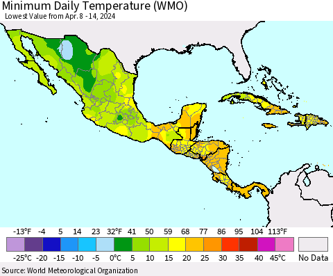 Mexico Central America and the Caribbean Minimum Daily Temperature (WMO) Thematic Map For 4/8/2024 - 4/14/2024