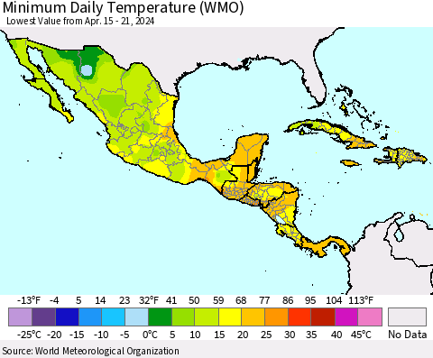 Mexico Central America and the Caribbean Minimum Daily Temperature (WMO) Thematic Map For 4/15/2024 - 4/21/2024