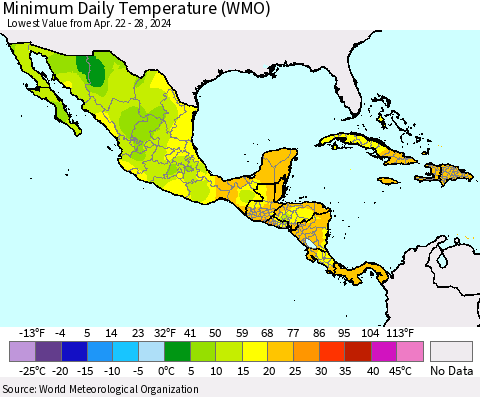 Mexico Central America and the Caribbean Minimum Daily Temperature (WMO) Thematic Map For 4/22/2024 - 4/28/2024