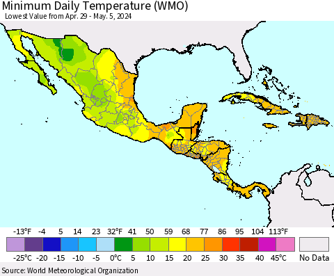 Mexico Central America and the Caribbean Minimum Daily Temperature (WMO) Thematic Map For 4/29/2024 - 5/5/2024