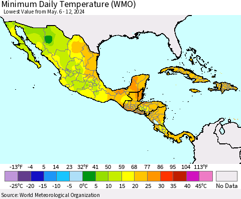 Mexico Central America and the Caribbean Minimum Daily Temperature (WMO) Thematic Map For 5/6/2024 - 5/12/2024