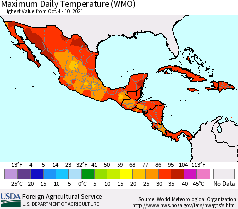 Mexico Central America and the Caribbean Maximum Daily Temperature (WMO) Thematic Map For 10/4/2021 - 10/10/2021
