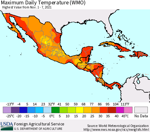 Mexico Central America and the Caribbean Maximum Daily Temperature (WMO) Thematic Map For 11/1/2021 - 11/7/2021