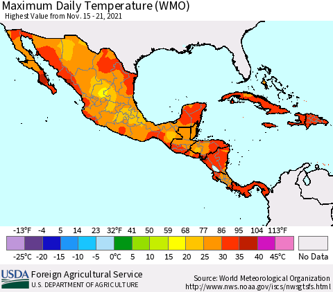 Mexico Central America and the Caribbean Maximum Daily Temperature (WMO) Thematic Map For 11/15/2021 - 11/21/2021