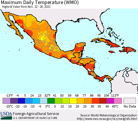 Mexico Central America and the Caribbean Maximum Daily Temperature (WMO) Thematic Map For 11/22/2021 - 11/28/2021