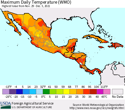 Mexico Central America and the Caribbean Maximum Daily Temperature (WMO) Thematic Map For 11/29/2021 - 12/5/2021
