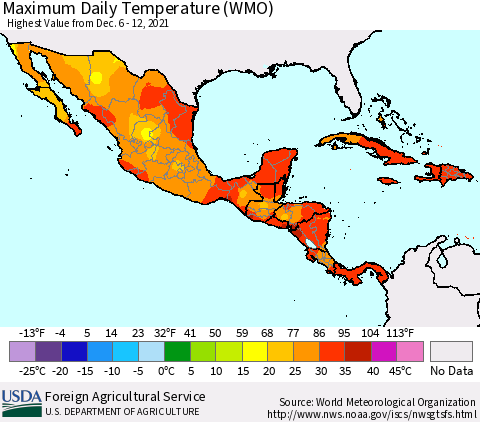 Mexico Central America and the Caribbean Maximum Daily Temperature (WMO) Thematic Map For 12/6/2021 - 12/12/2021