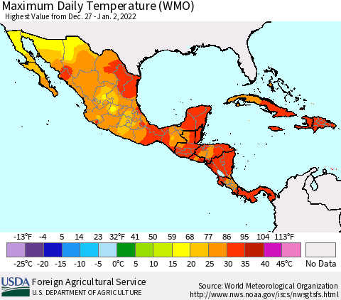 Mexico Central America and the Caribbean Maximum Daily Temperature (WMO) Thematic Map For 12/27/2021 - 1/2/2022