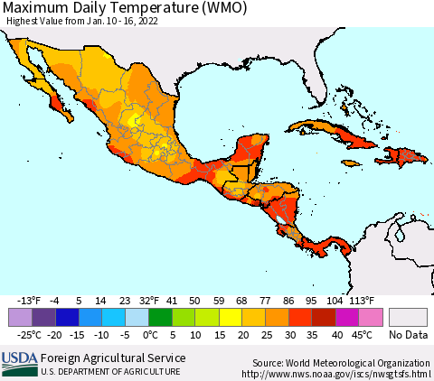 Mexico Central America and the Caribbean Maximum Daily Temperature (WMO) Thematic Map For 1/10/2022 - 1/16/2022