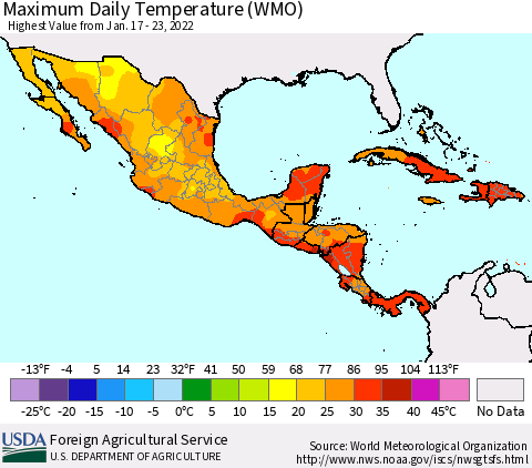 Mexico Central America and the Caribbean Maximum Daily Temperature (WMO) Thematic Map For 1/17/2022 - 1/23/2022