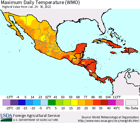 Mexico Central America and the Caribbean Maximum Daily Temperature (WMO) Thematic Map For 1/24/2022 - 1/30/2022