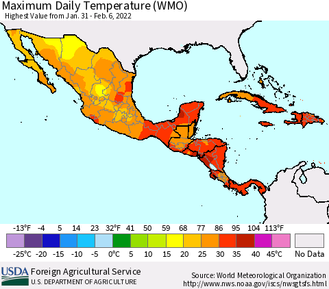Mexico Central America and the Caribbean Maximum Daily Temperature (WMO) Thematic Map For 1/31/2022 - 2/6/2022