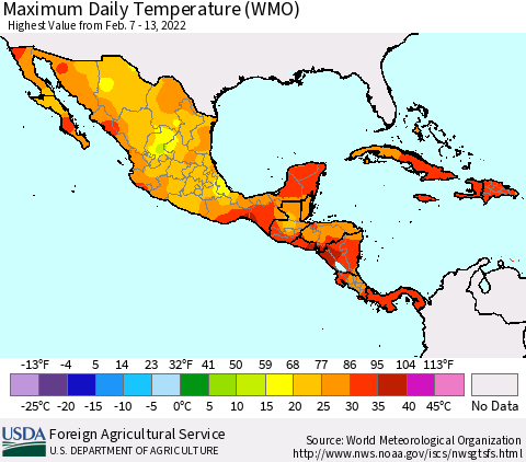 Mexico Central America and the Caribbean Maximum Daily Temperature (WMO) Thematic Map For 2/7/2022 - 2/13/2022