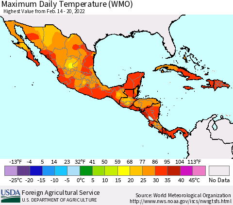 Mexico Central America and the Caribbean Maximum Daily Temperature (WMO) Thematic Map For 2/14/2022 - 2/20/2022