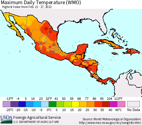 Mexico Central America and the Caribbean Maximum Daily Temperature (WMO) Thematic Map For 2/21/2022 - 2/27/2022