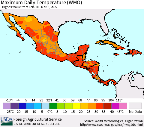 Mexico Central America and the Caribbean Maximum Daily Temperature (WMO) Thematic Map For 2/28/2022 - 3/6/2022