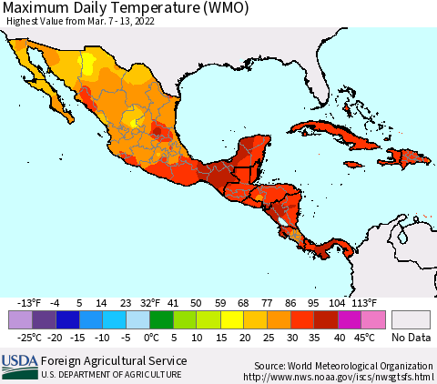 Mexico Central America and the Caribbean Maximum Daily Temperature (WMO) Thematic Map For 3/7/2022 - 3/13/2022