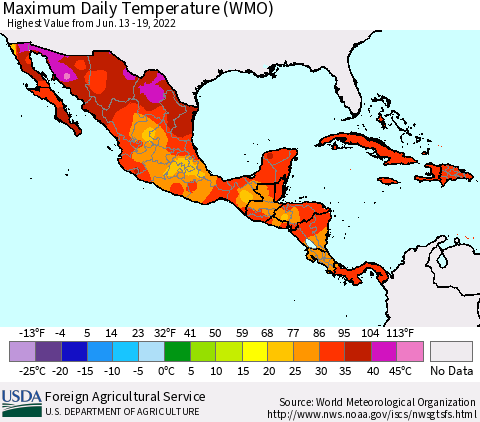 Mexico Central America and the Caribbean Maximum Daily Temperature (WMO) Thematic Map For 6/13/2022 - 6/19/2022