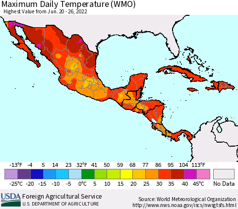 Mexico Central America and the Caribbean Maximum Daily Temperature (WMO) Thematic Map For 6/20/2022 - 6/26/2022