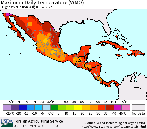 Mexico Central America and the Caribbean Maximum Daily Temperature (WMO) Thematic Map For 8/8/2022 - 8/14/2022