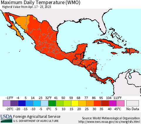 Mexico Central America and the Caribbean Maximum Daily Temperature (WMO) Thematic Map For 4/17/2023 - 4/23/2023