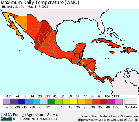 Mexico Central America and the Caribbean Maximum Daily Temperature (WMO) Thematic Map For 5/1/2023 - 5/7/2023
