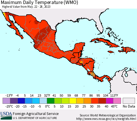 Mexico Central America and the Caribbean Maximum Daily Temperature (WMO) Thematic Map For 5/22/2023 - 5/28/2023