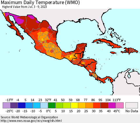 Mexico Central America and the Caribbean Maximum Daily Temperature (WMO) Thematic Map For 7/3/2023 - 7/9/2023