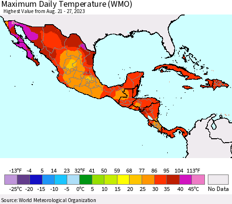 Mexico Central America and the Caribbean Maximum Daily Temperature (WMO) Thematic Map For 8/21/2023 - 8/27/2023