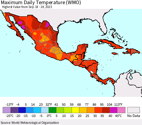 Mexico Central America and the Caribbean Maximum Daily Temperature (WMO) Thematic Map For 9/18/2023 - 9/24/2023