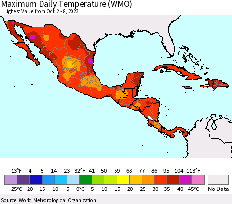 Mexico Central America and the Caribbean Maximum Daily Temperature (WMO) Thematic Map For 10/2/2023 - 10/8/2023