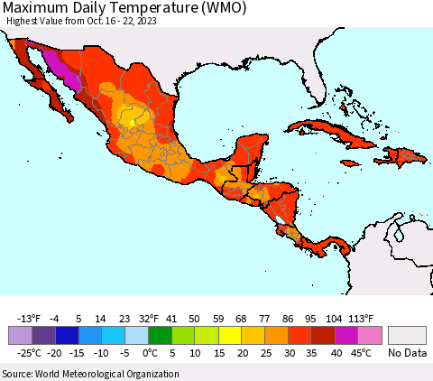 Mexico Central America and the Caribbean Maximum Daily Temperature (WMO) Thematic Map For 10/16/2023 - 10/22/2023