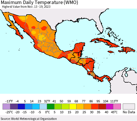 Mexico Central America and the Caribbean Maximum Daily Temperature (WMO) Thematic Map For 11/13/2023 - 11/19/2023