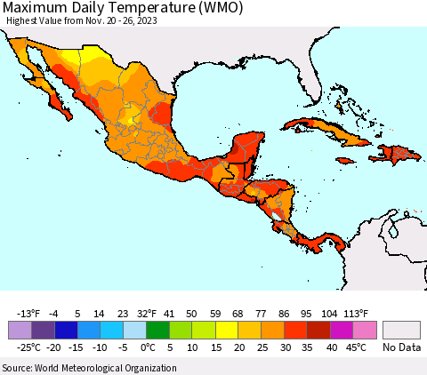 Mexico Central America and the Caribbean Maximum Daily Temperature (WMO) Thematic Map For 11/20/2023 - 11/26/2023