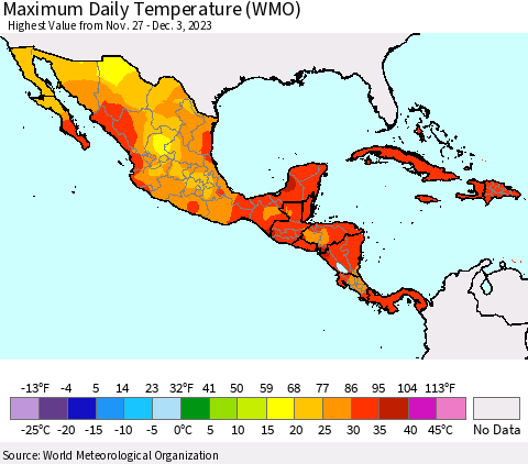Mexico Central America and the Caribbean Maximum Daily Temperature (WMO) Thematic Map For 11/27/2023 - 12/3/2023