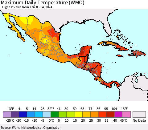 Mexico Central America and the Caribbean Maximum Daily Temperature (WMO) Thematic Map For 1/8/2024 - 1/14/2024