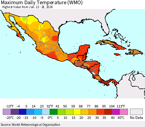 Mexico Central America and the Caribbean Maximum Daily Temperature (WMO) Thematic Map For 1/22/2024 - 1/28/2024