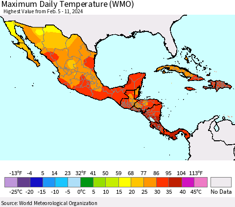Mexico Central America and the Caribbean Maximum Daily Temperature (WMO) Thematic Map For 2/5/2024 - 2/11/2024