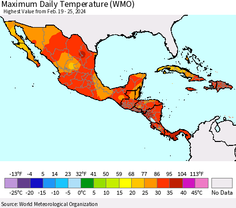 Mexico Central America and the Caribbean Maximum Daily Temperature (WMO) Thematic Map For 2/19/2024 - 2/25/2024