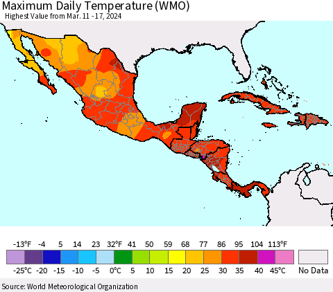 Mexico Central America and the Caribbean Maximum Daily Temperature (WMO) Thematic Map For 3/11/2024 - 3/17/2024
