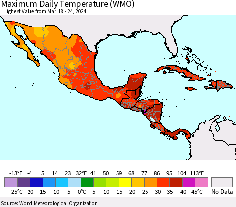Mexico Central America and the Caribbean Maximum Daily Temperature (WMO) Thematic Map For 3/18/2024 - 3/24/2024
